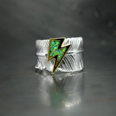 L old feather ring/ k18 thunder opal inlay